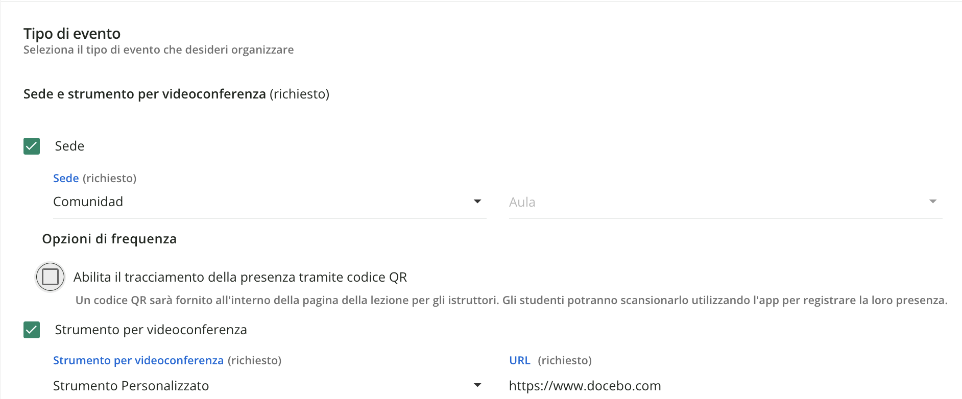 La configurazione del tipo di evento.