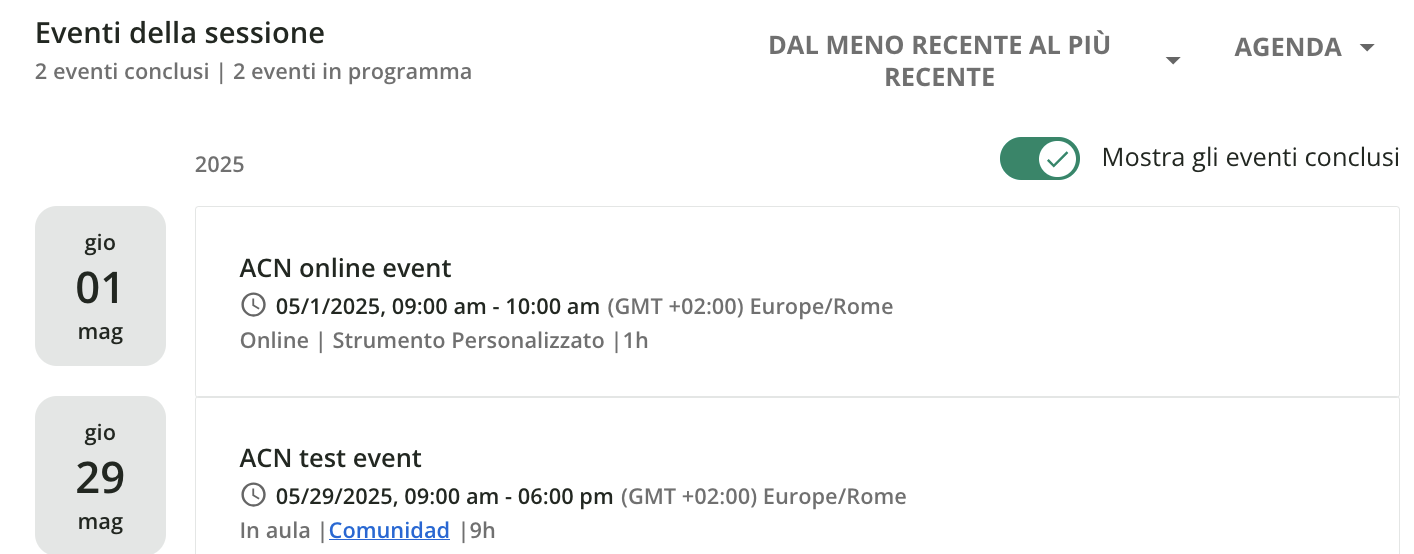 La vista dello studente sui tipi degli eventi.