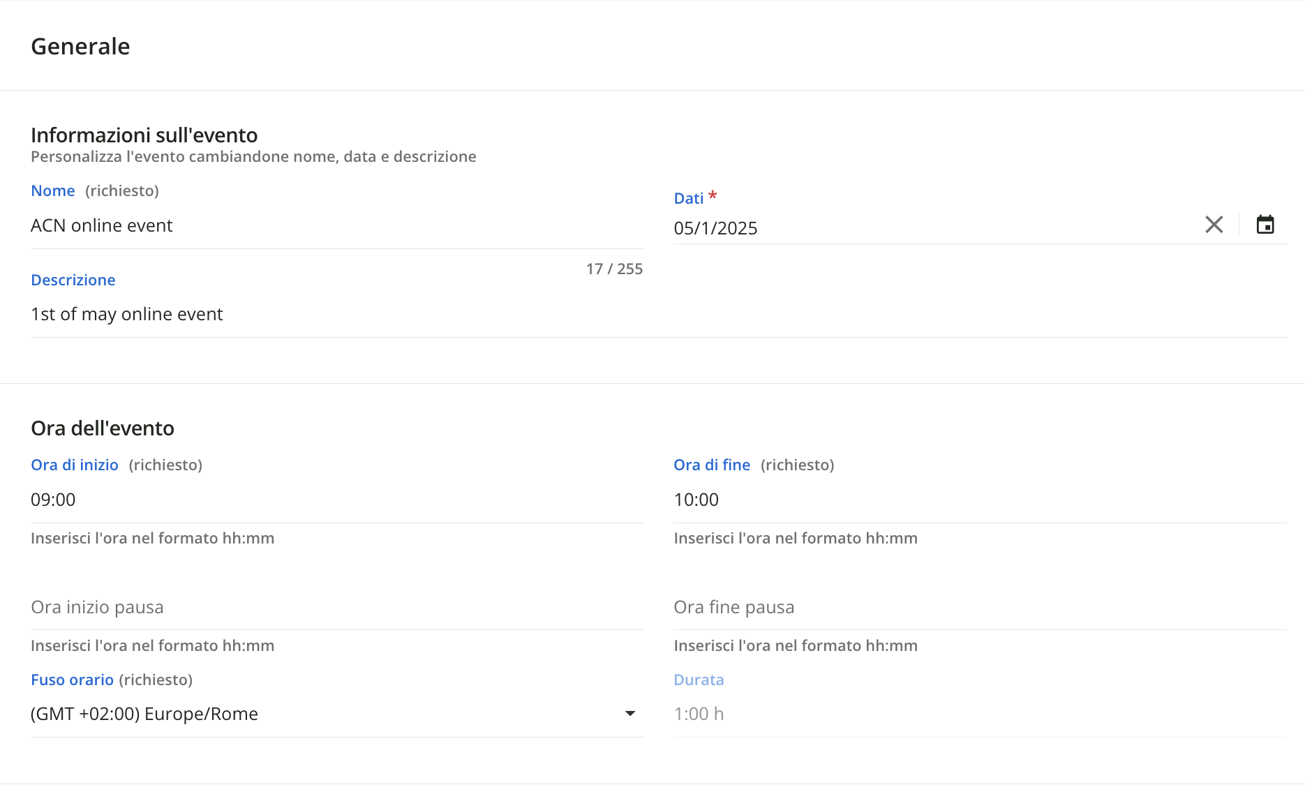 L'area di gestione degli orari dell'evento.