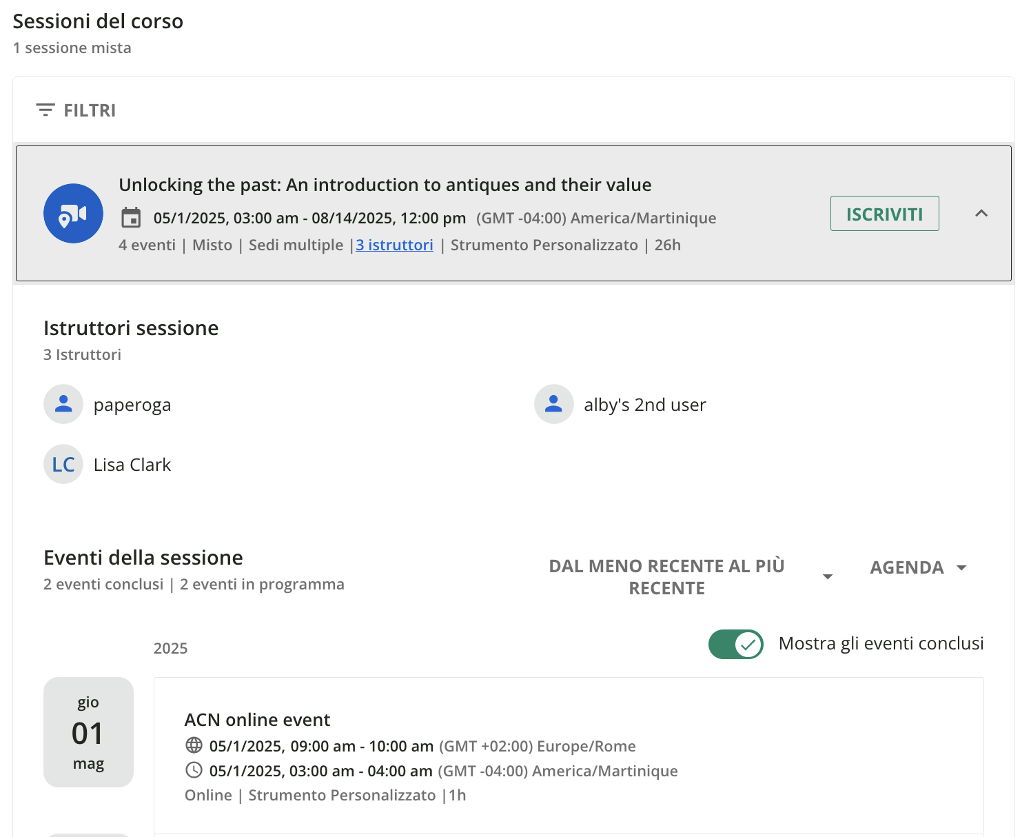 Le date degli eventi sulla pagina di presentazione del corso.