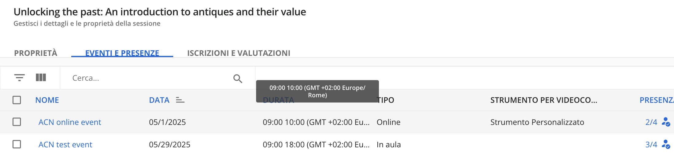 Il fuso orario delle sessioni nella scheda Eventi e presenze.