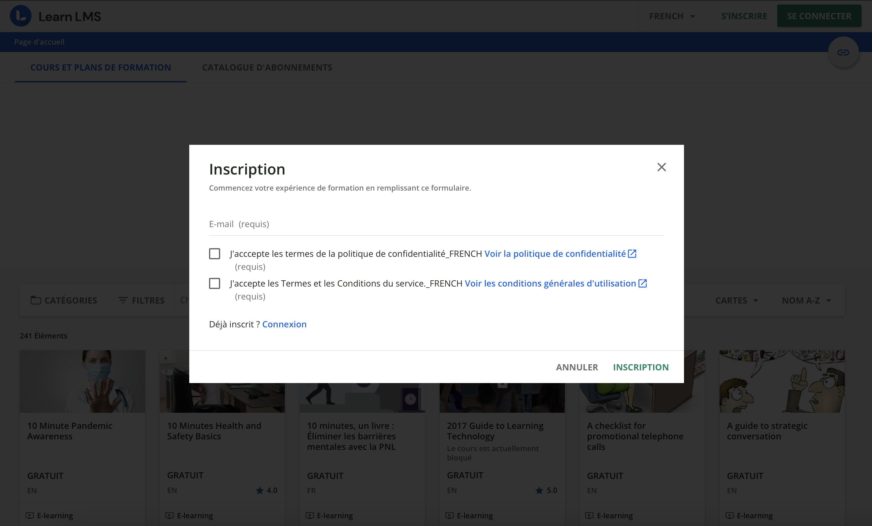 La fenêtre d'inscription rapide sur la plateforme.