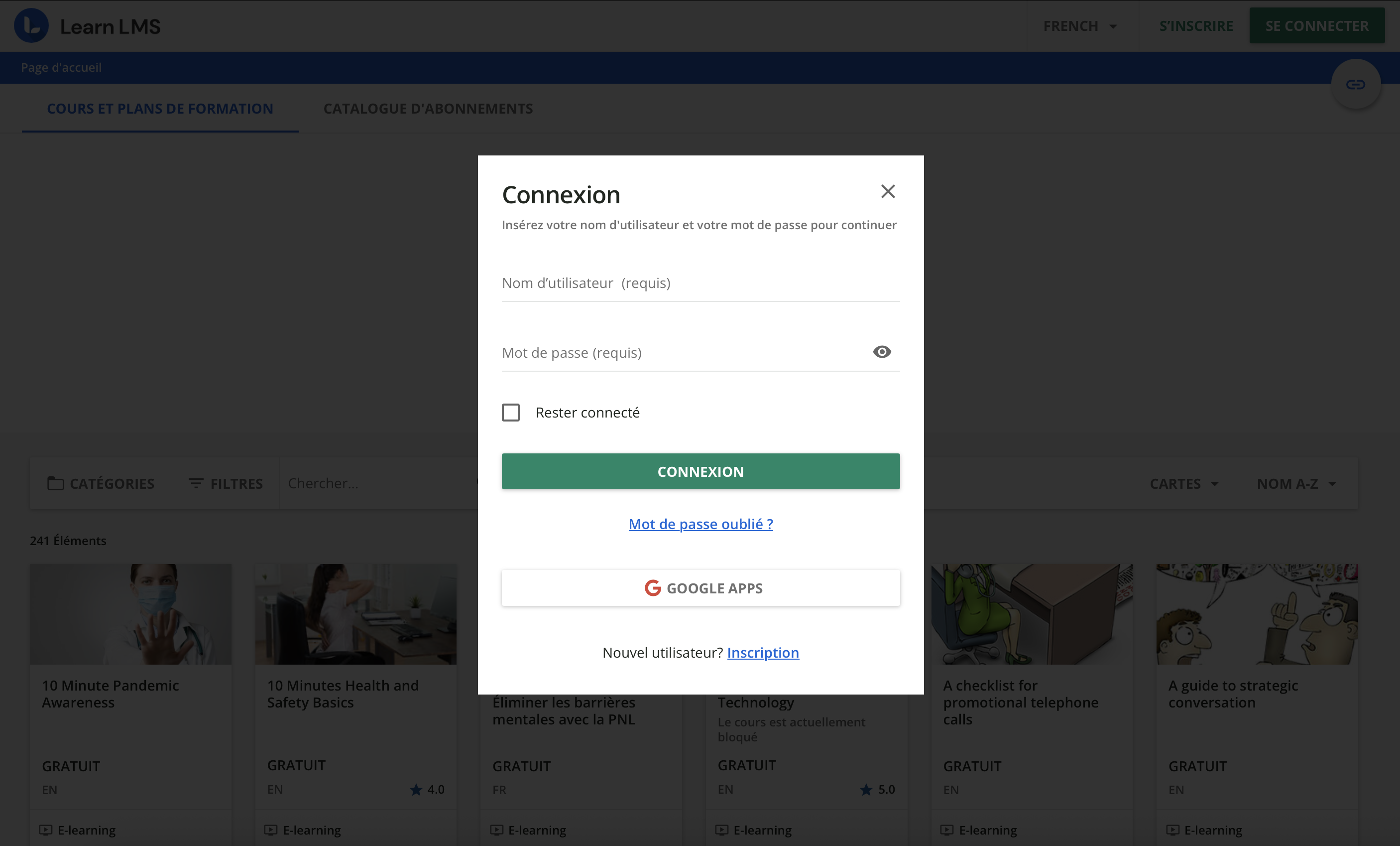 La fenêtre de connexion à la plateforme.
