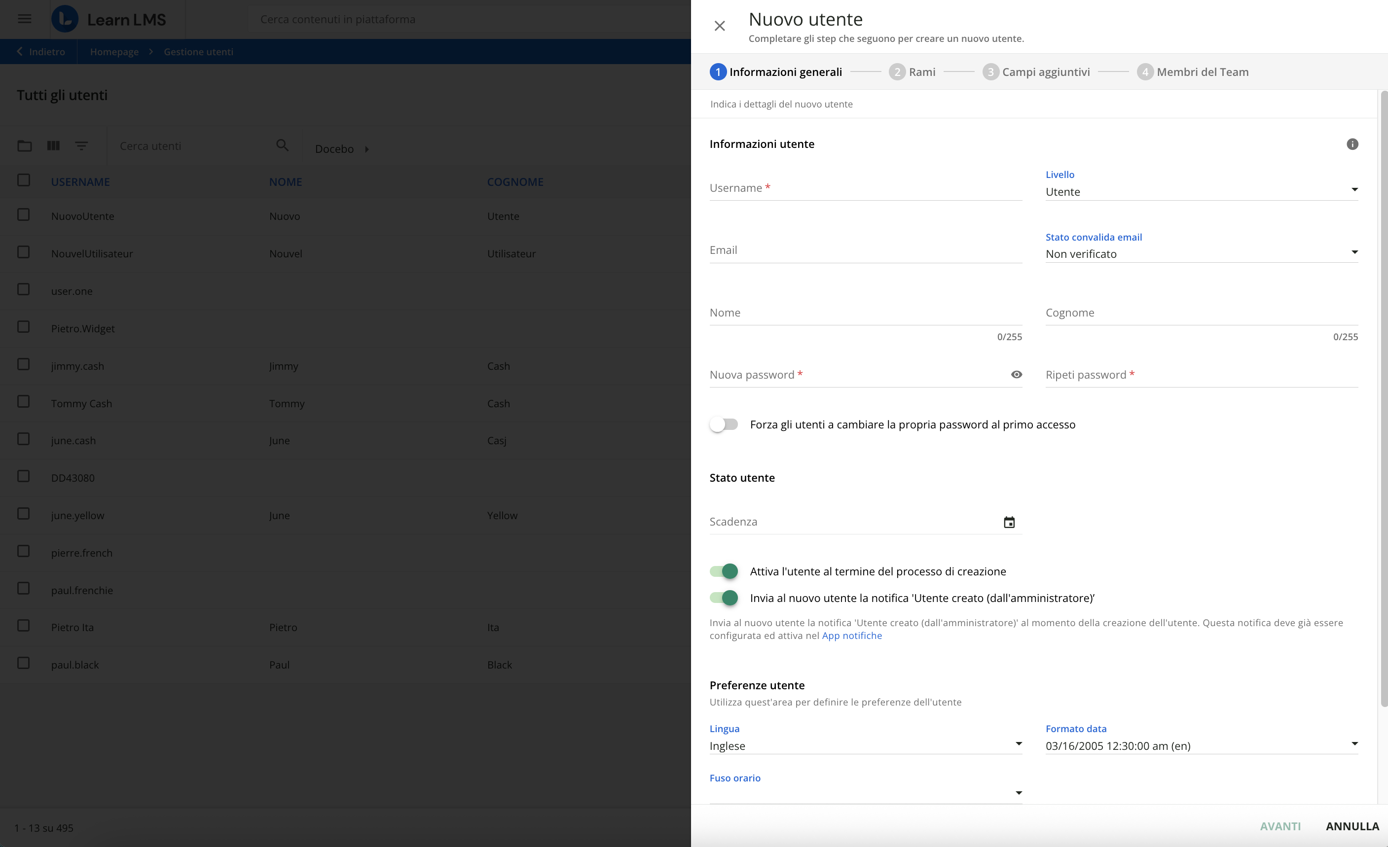 Creare un nuovo utente.