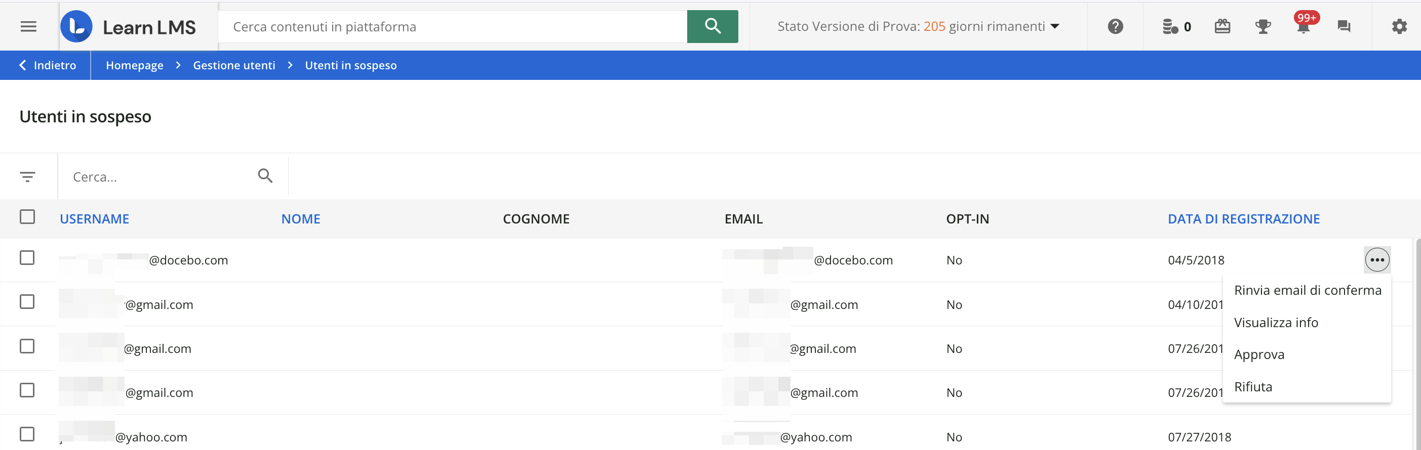 Elenco degli utenti in sospeso.