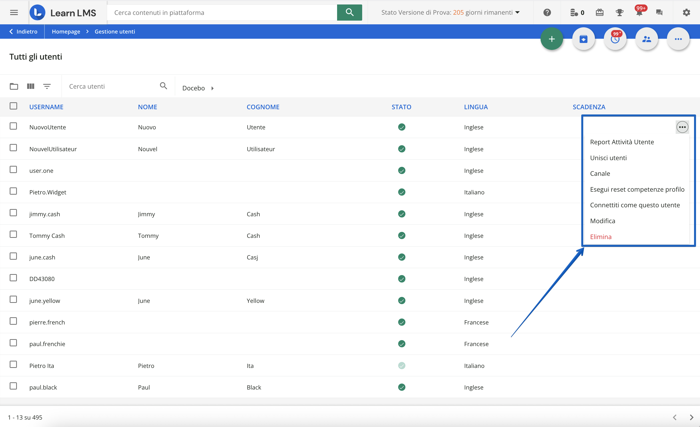 Le voci del menu di gestione degli utenti.