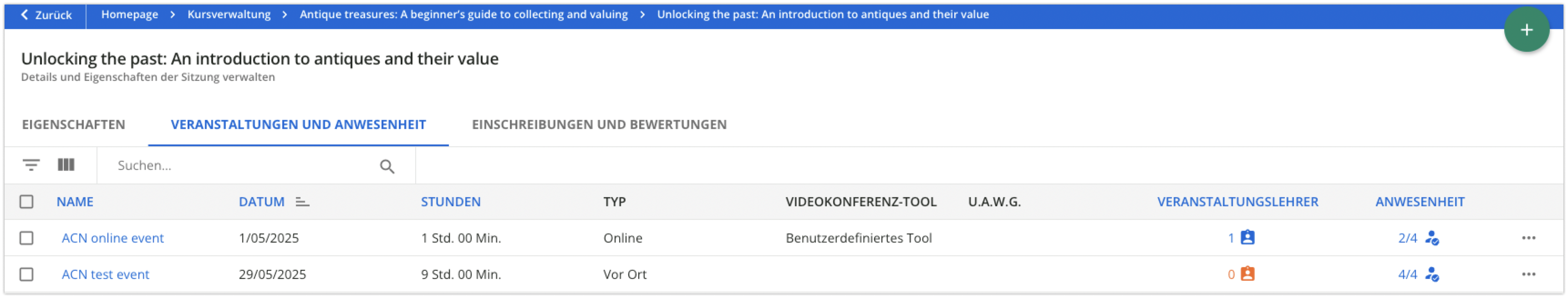 Veranstaltungen in einer Sitzung