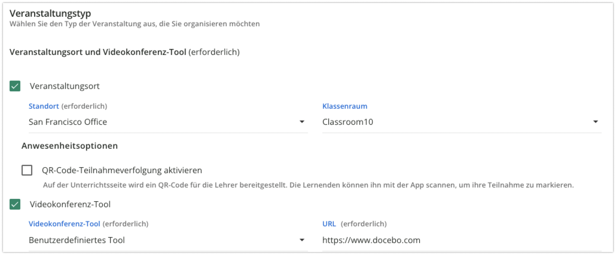 Veranstaltungstyp und Optionen