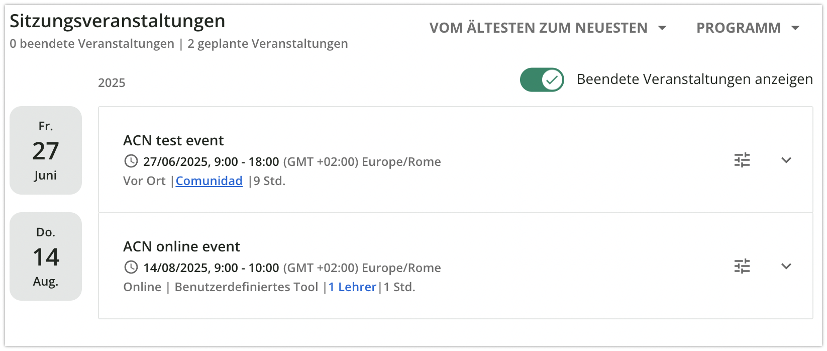 Sitzungsveranstaltungen in der Lerneransicht