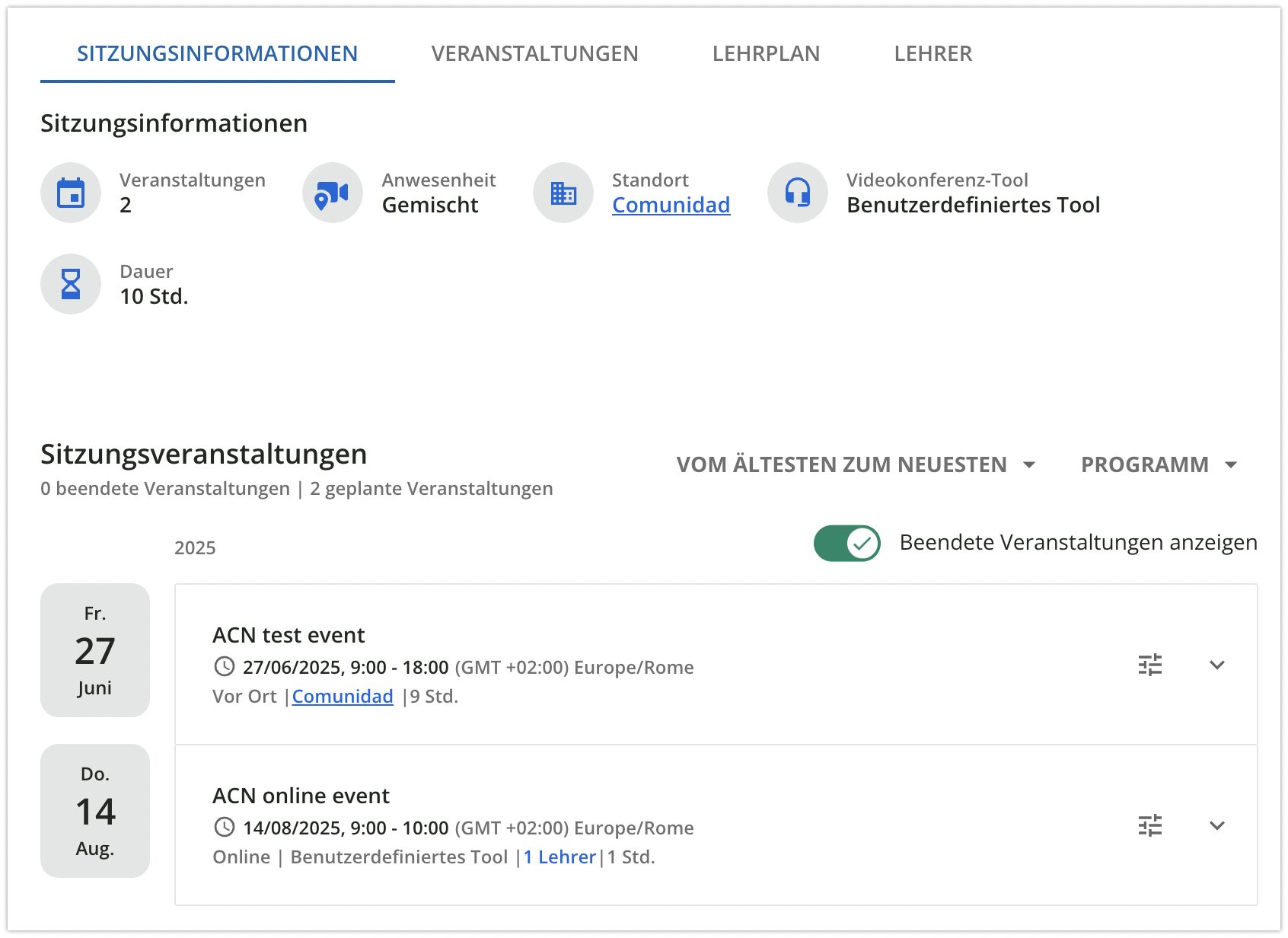 Sitzungsinformationen und -veranstaltungen