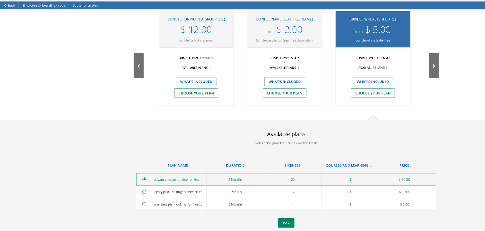 The built-in Subscription plans page.