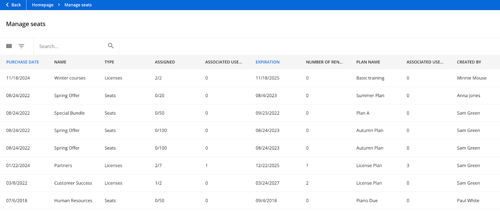 The Manage seats page.