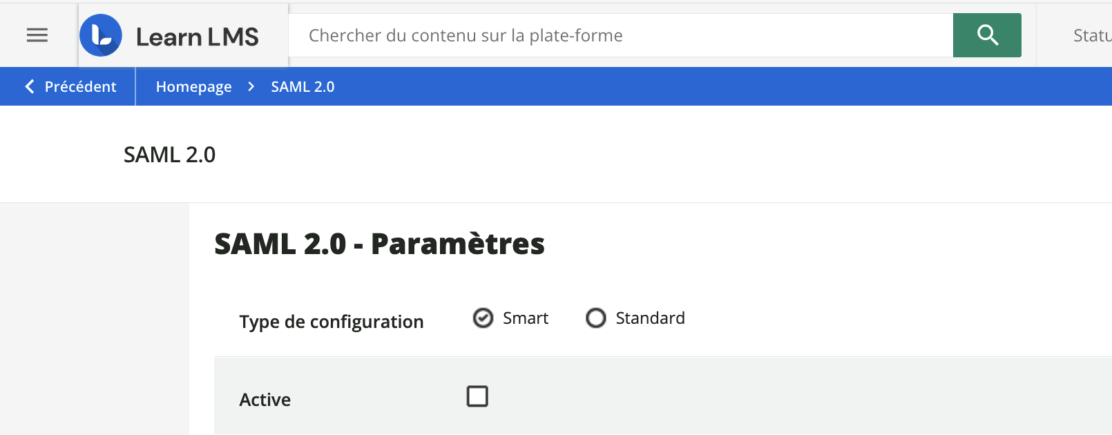 Le menu de gestion des paramètres SAML.