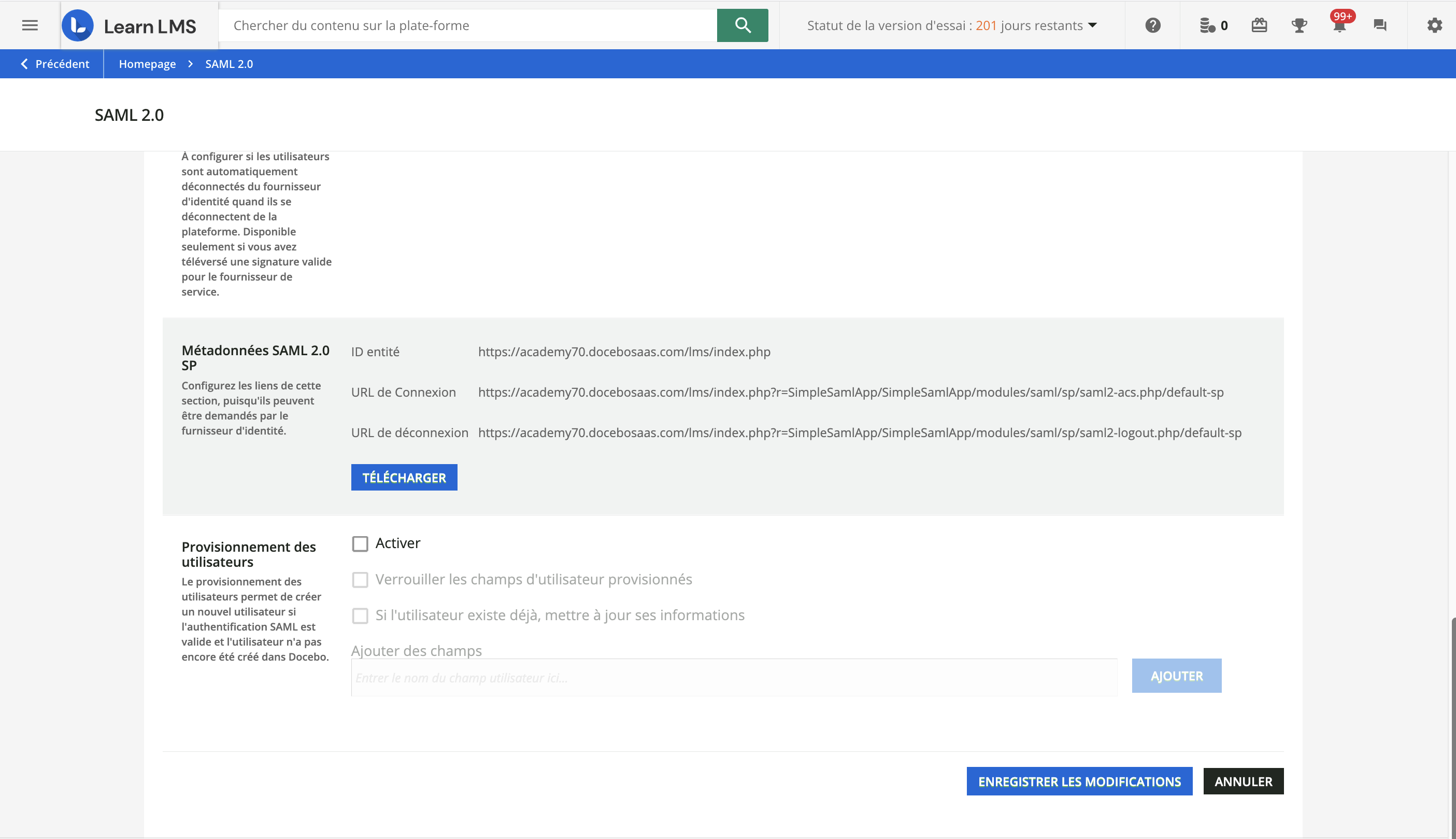 La fin des paramètres SAML de la configuration Smart.
