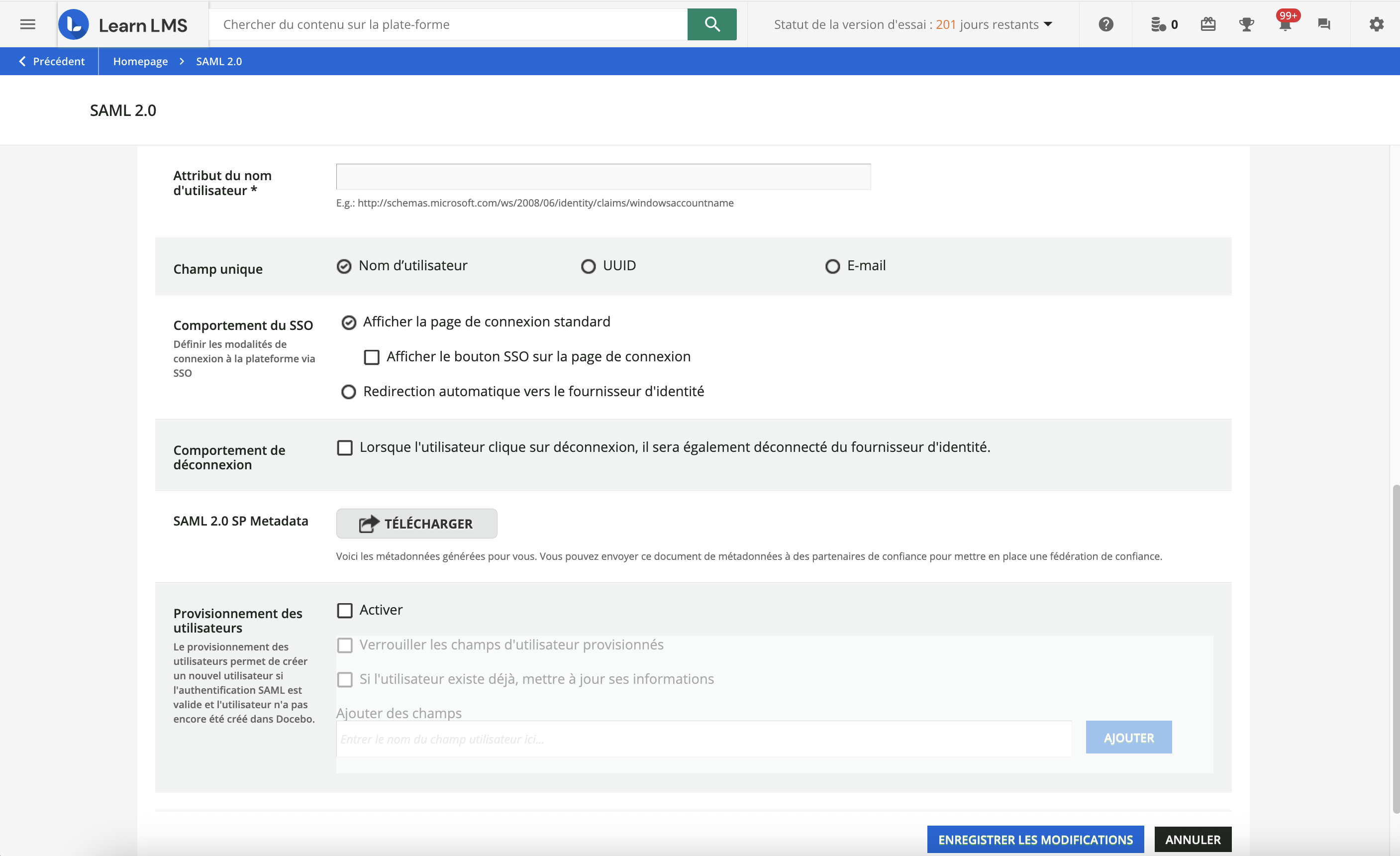 Suite des paramètres SAML de la configuration Standard.