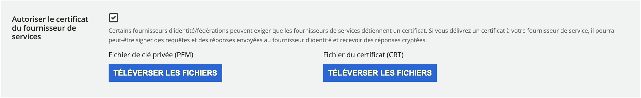 La section Autoriser le certificat du fournisseur de services.