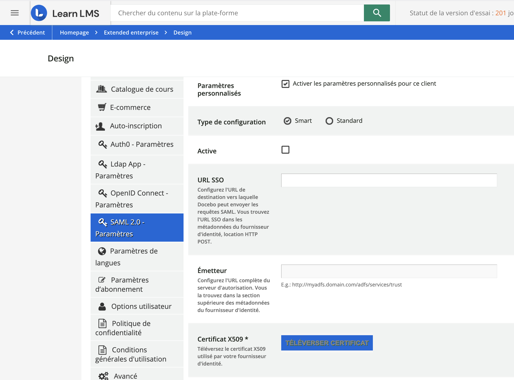Les paramètres SAML du menu de gestion de l'Entreprise étendue.