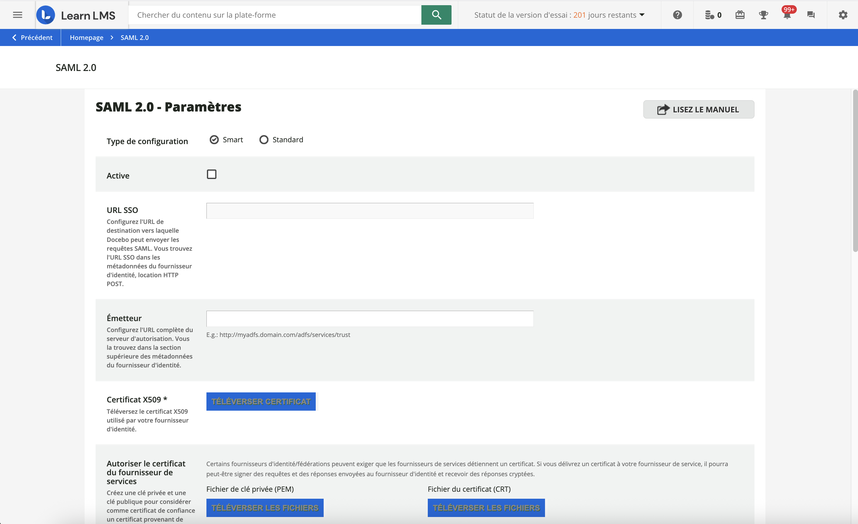 Les paramètres SAML de la configuration Smart.