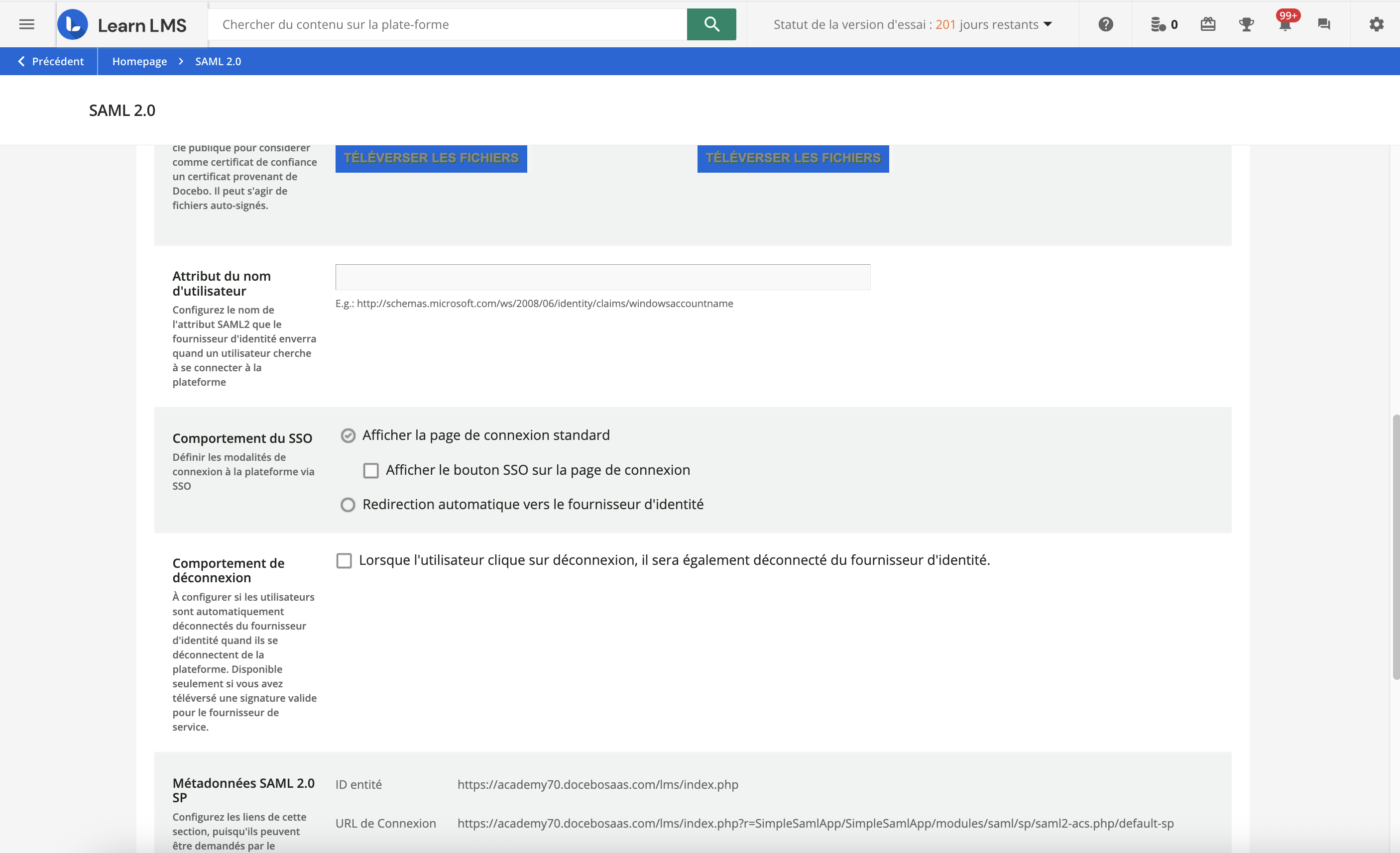Suite des paramètres SAML de la configuration Smart.