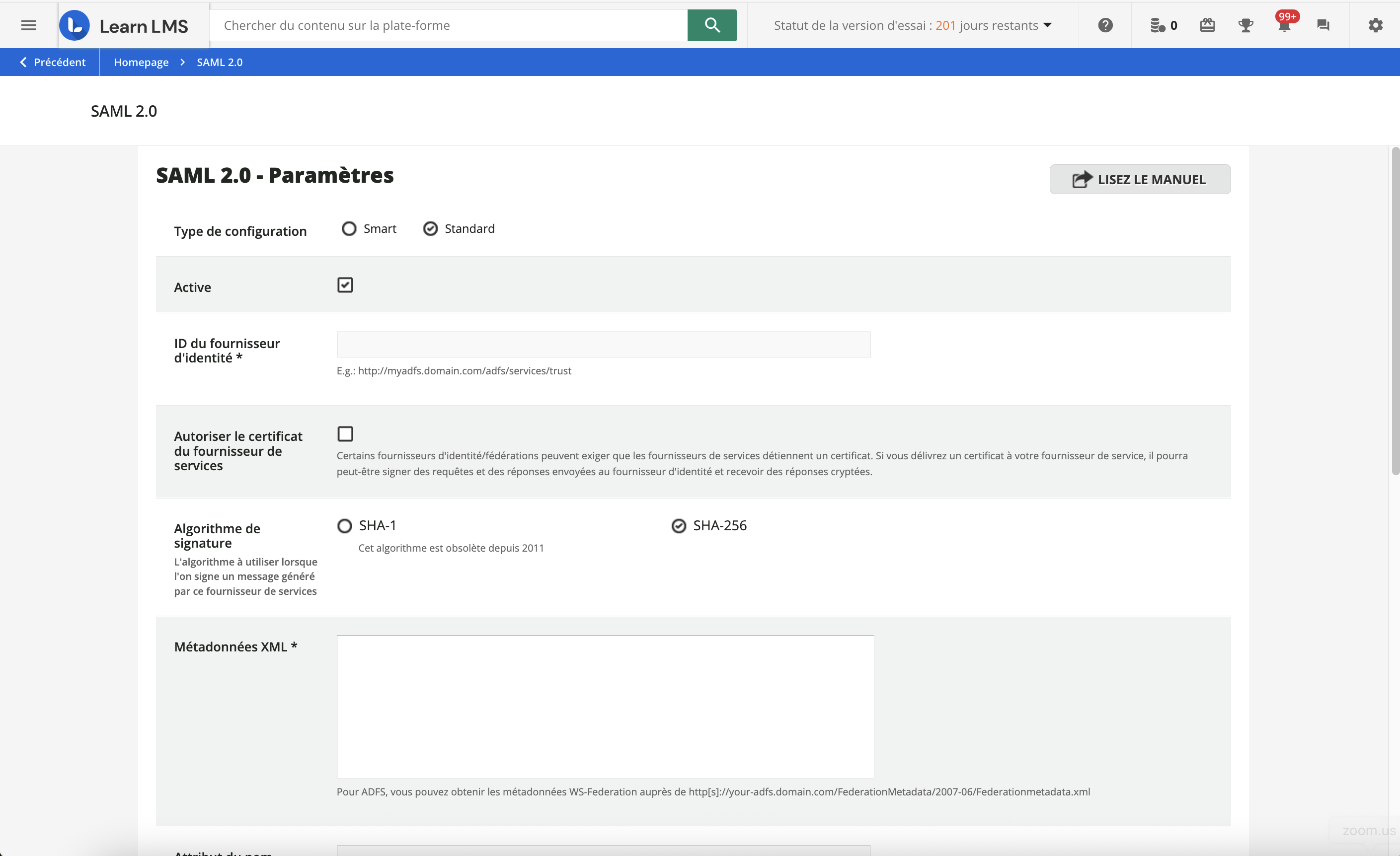 Les paramètres SAML de la configuration Standard.