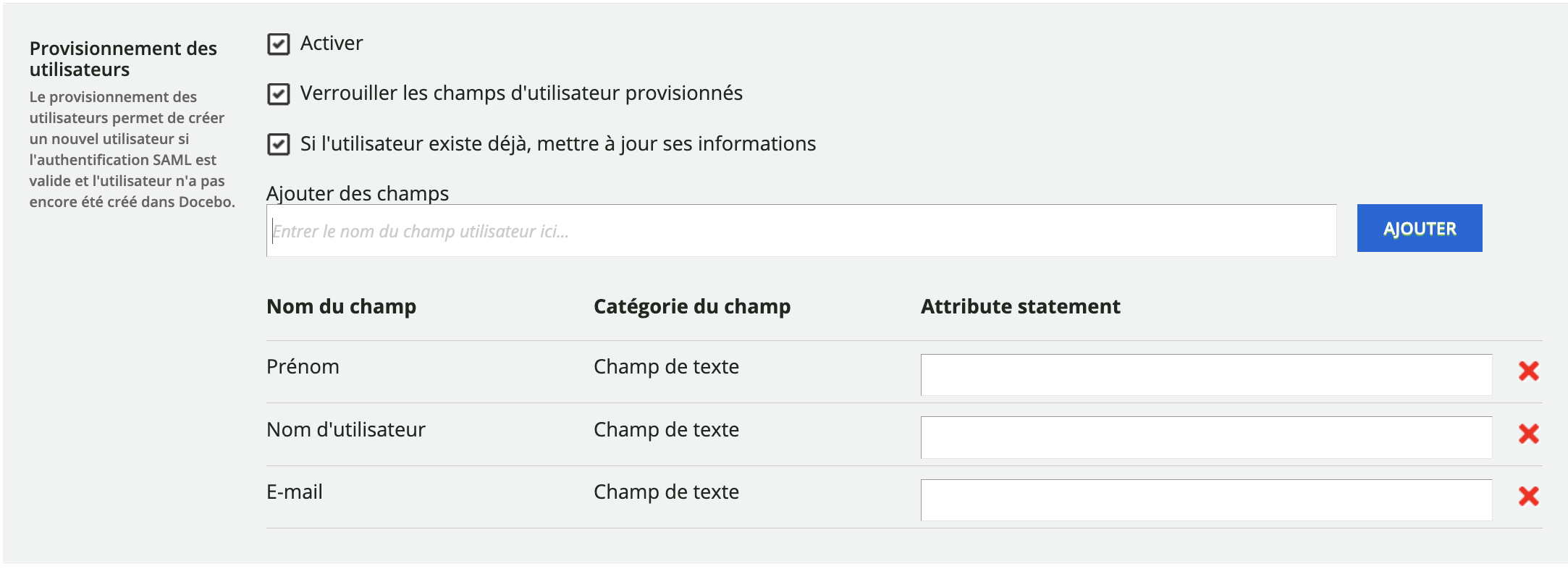 Les champs destinés au provisionnement des utilisateurs.