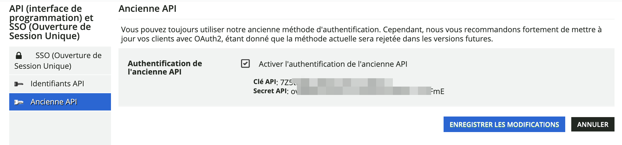 L’ancienne application d’authentification unique via API