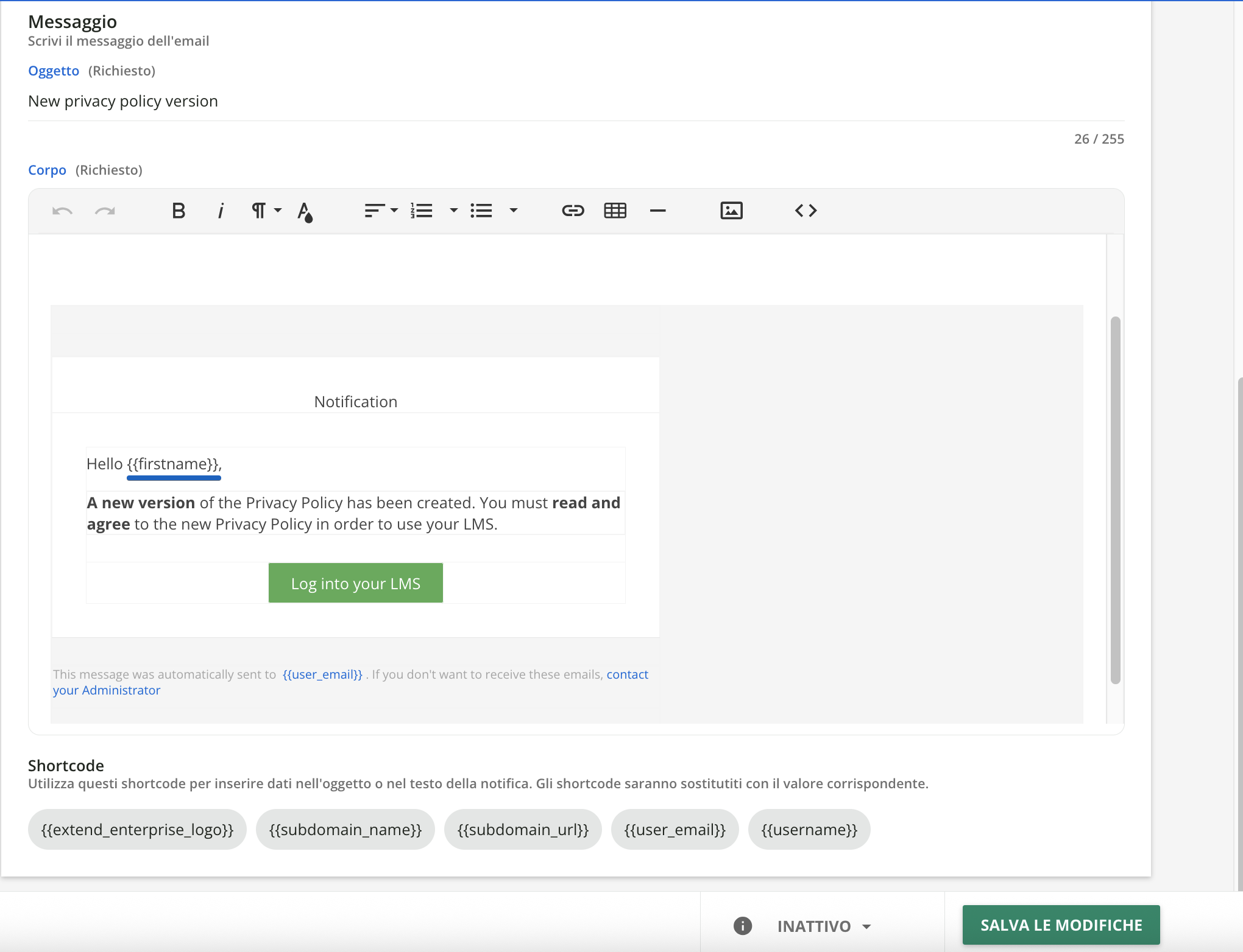 Esempio di shortcode ormai non più consentito.