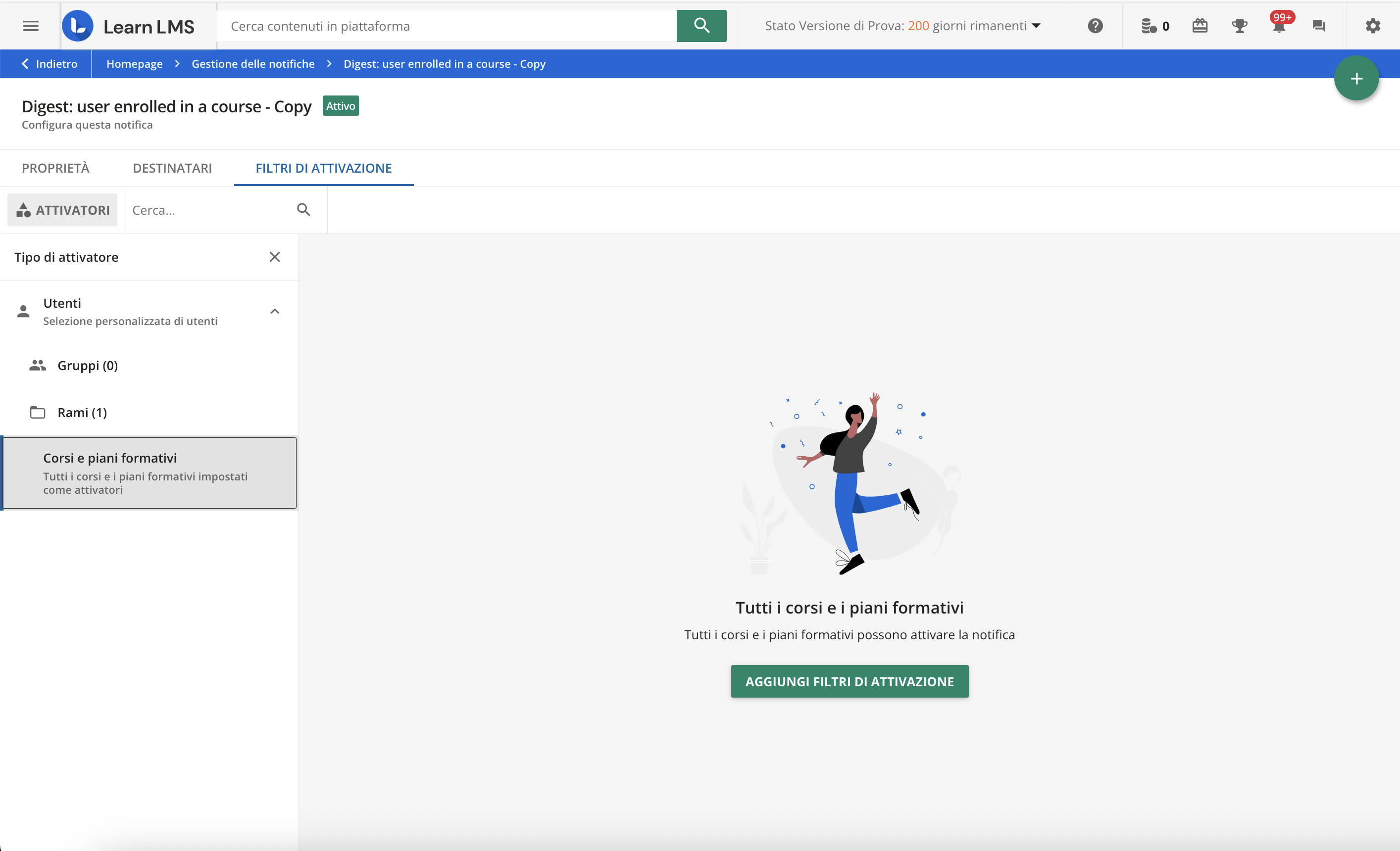 La gestione dei filtri di attivazione per le nuove notifiche.
