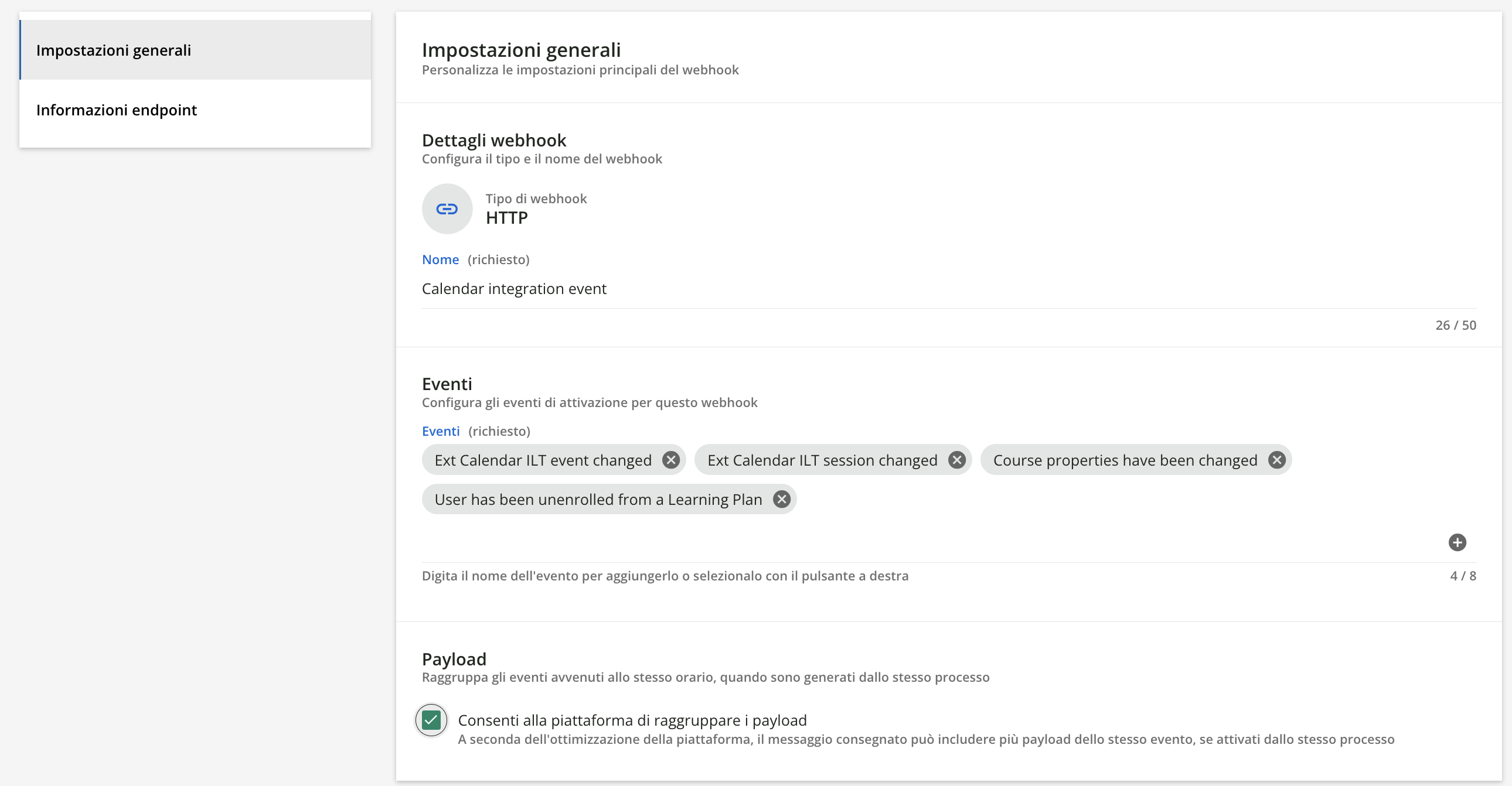 La schermata di configurazione dei webhook.