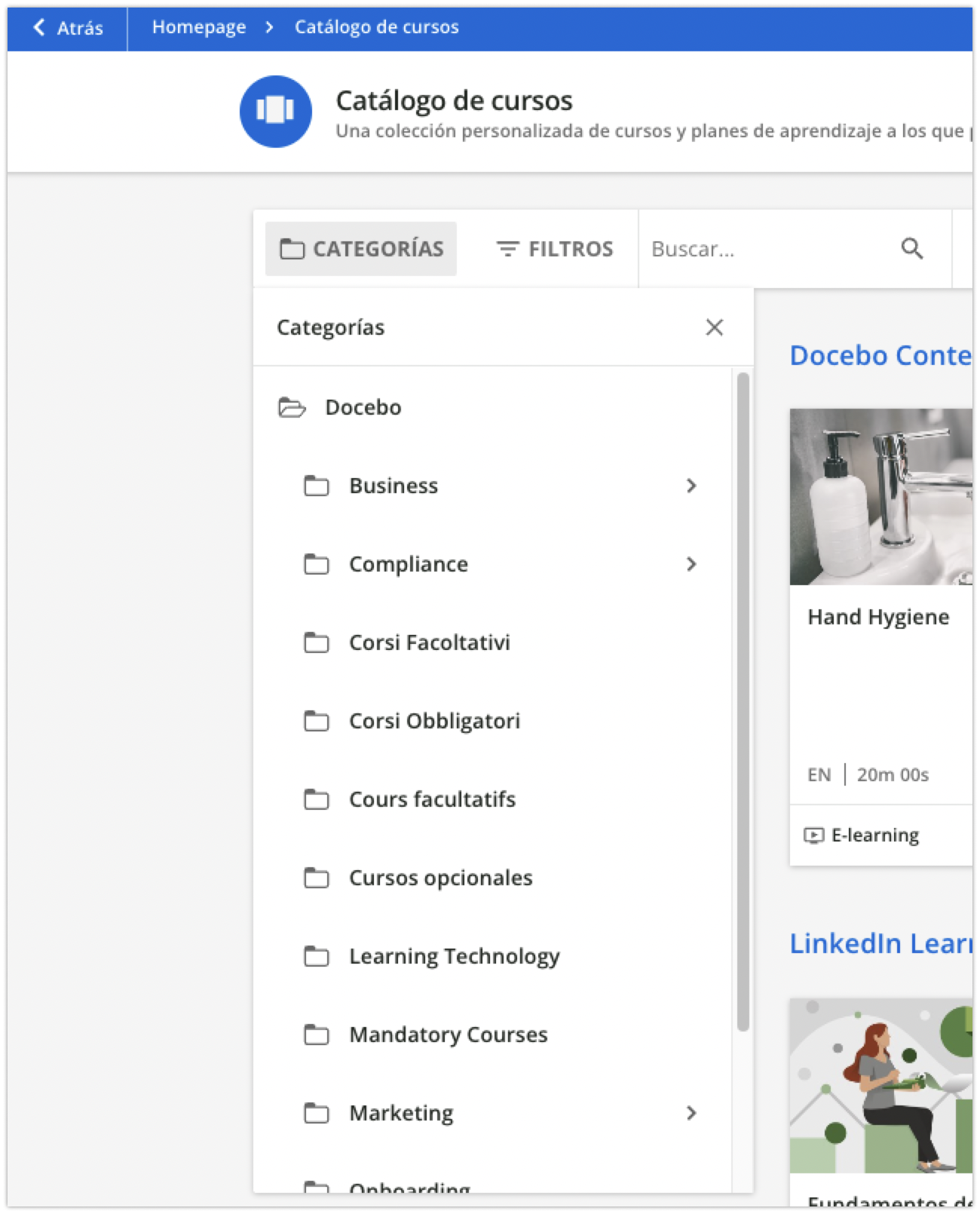 Categorías en el catálogo de cursos