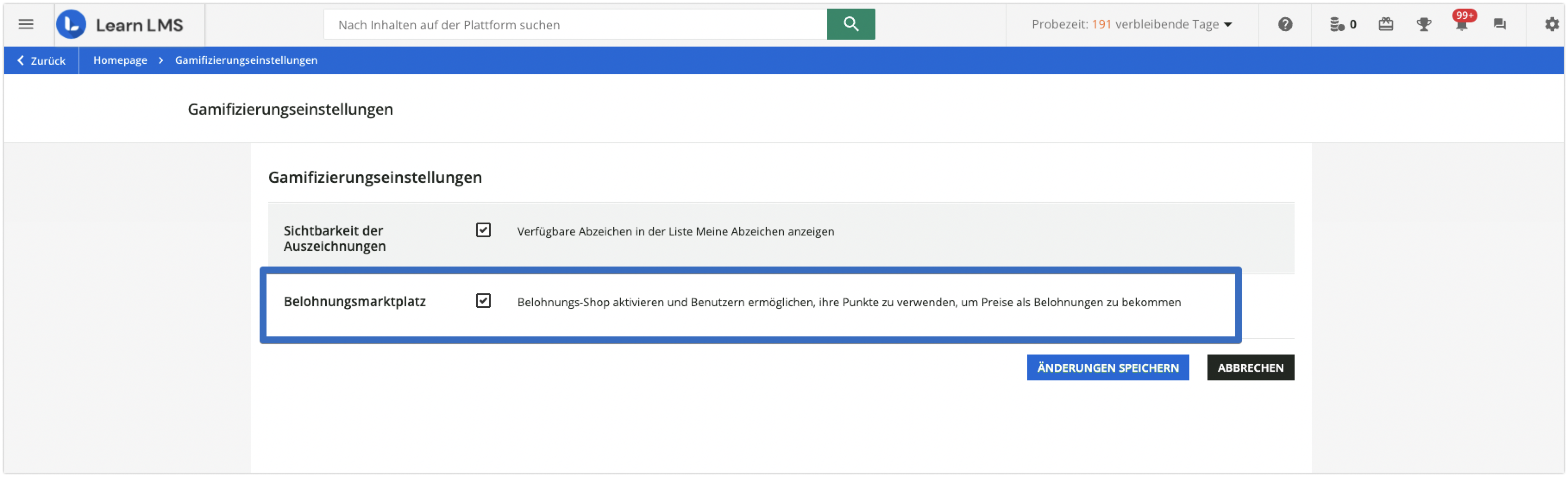 Einstellungen des Belohnungs-Shops