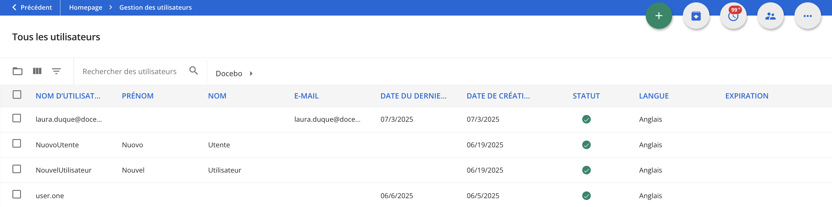La page de Gestion des utilisateurs.