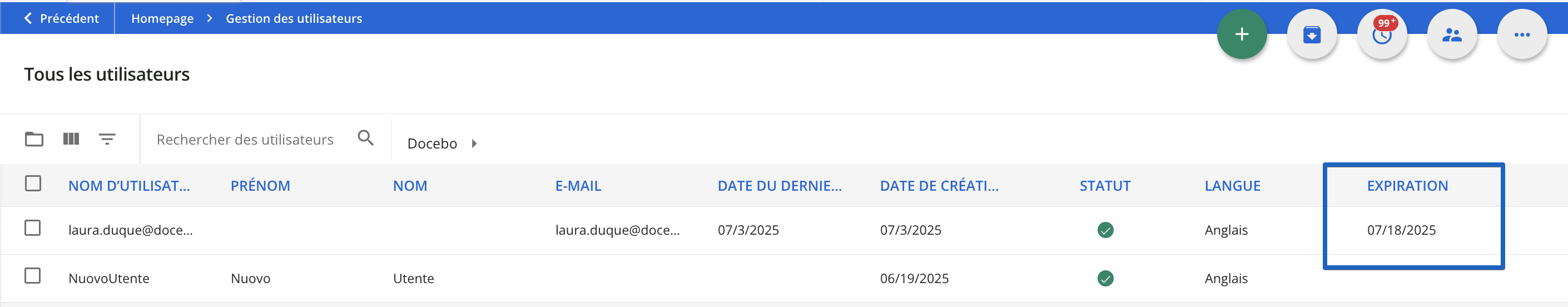 La colonne Expiration du menu de gestion des utilisateurs.
