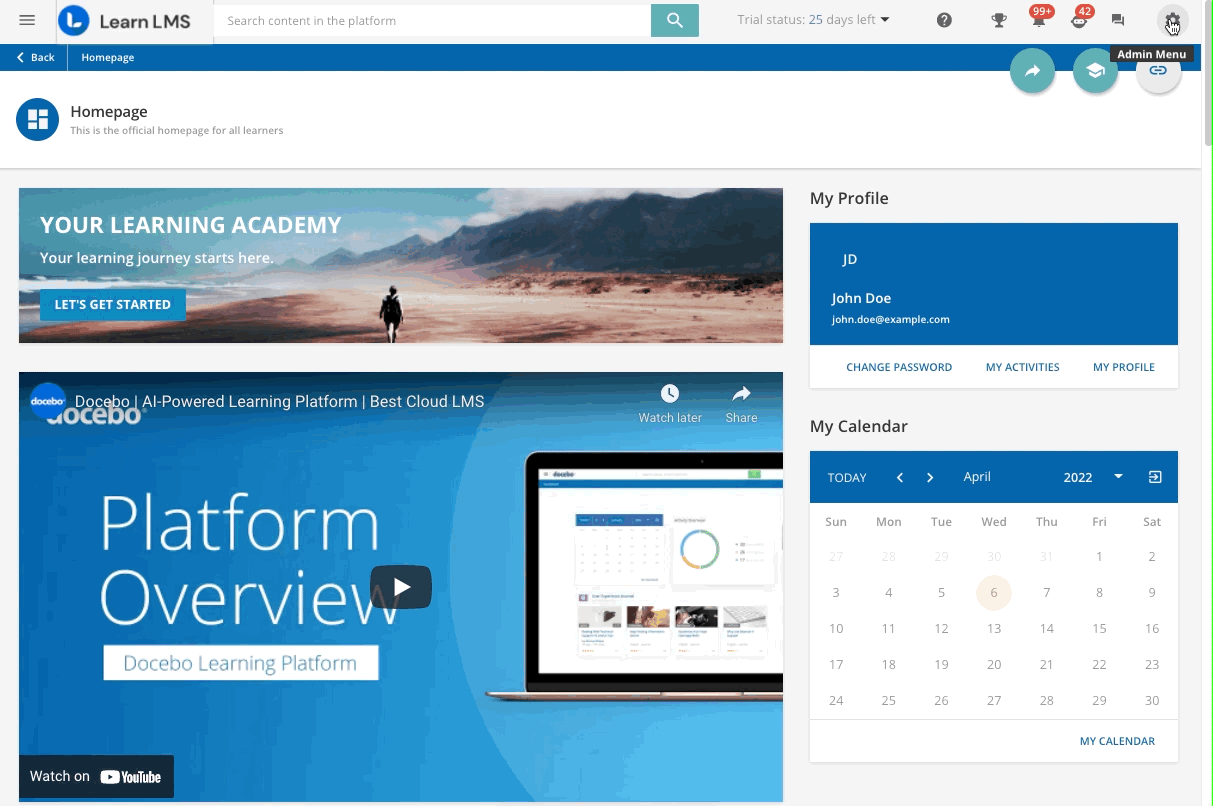 Acceso al menú de administrador de Zoom en Docebo, pulsar nueva cuenta y copiar la URL de redireccionamiento de OAuth de Zoom en el portapapeles