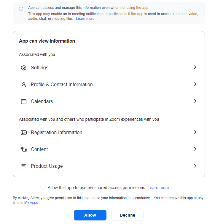 Pulsar permitir en la ventana de autorización de la activación de Zoom