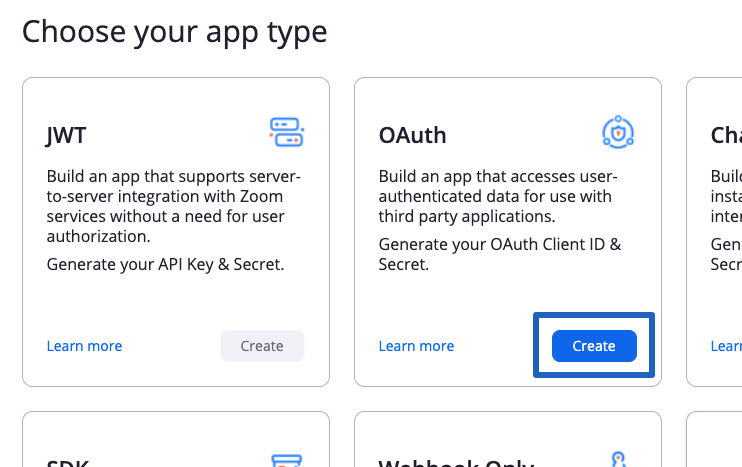 Pulsar Crear en el tipo de aplicación OAuth