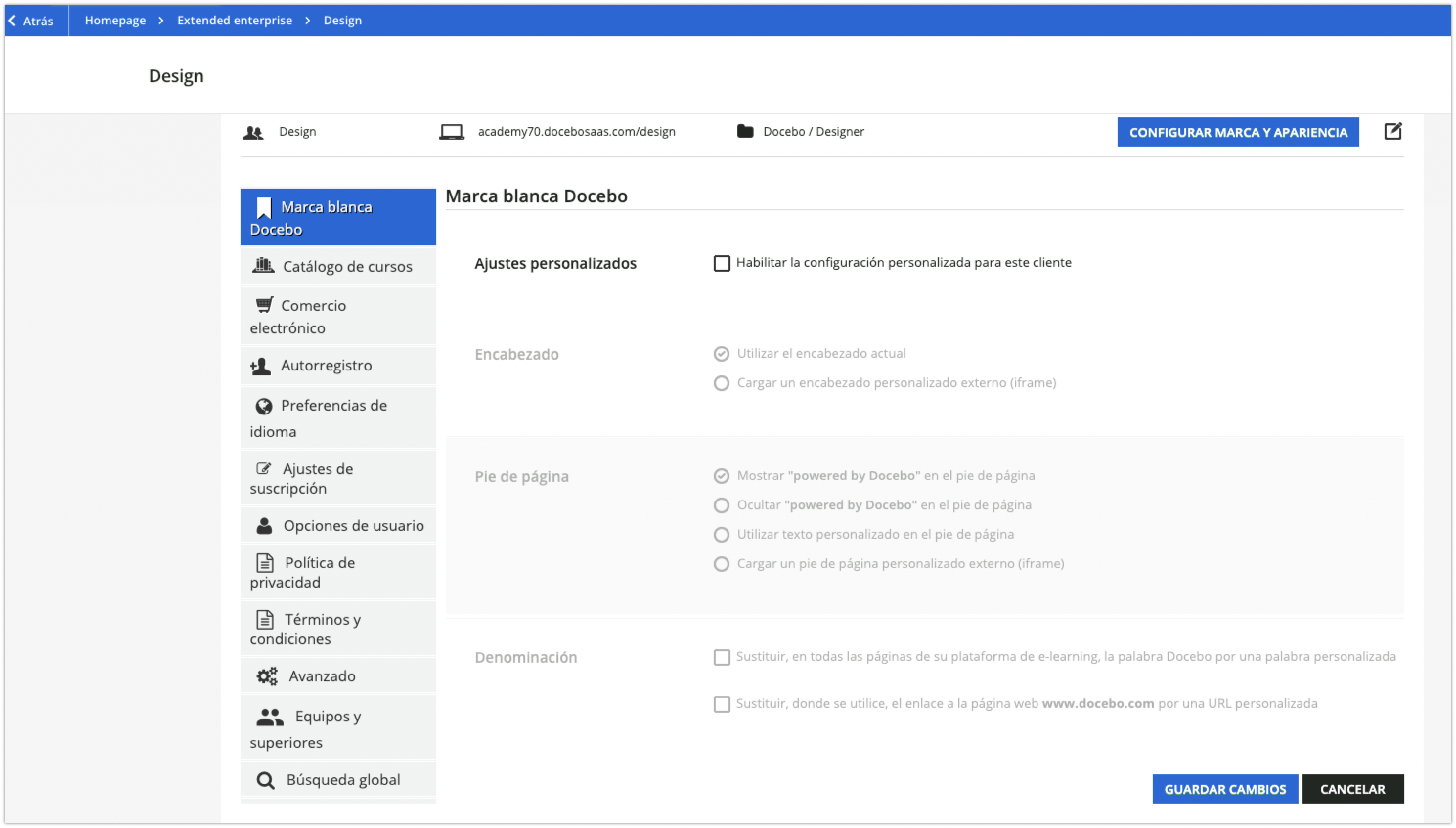 Opciones de configuración