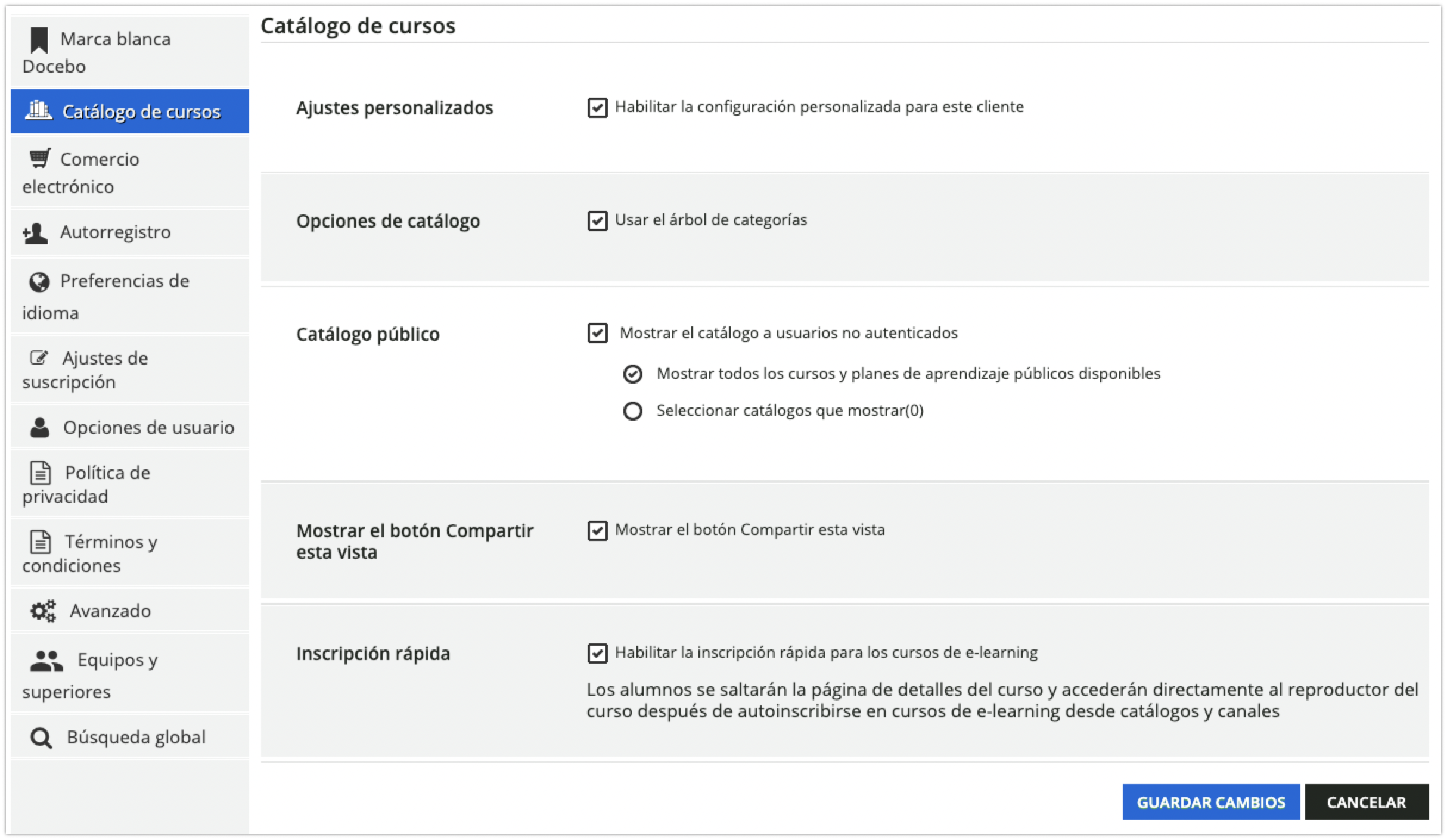 Pestaña Catálogo de cursos