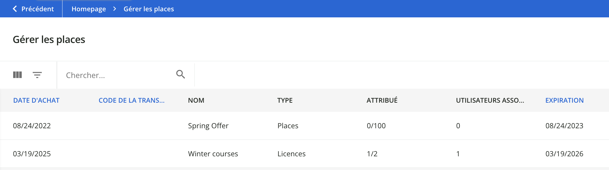 Le menu de gestion des places.