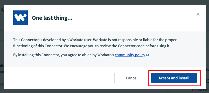 Seleccionar Aceptar e instalar para un conector personalizado