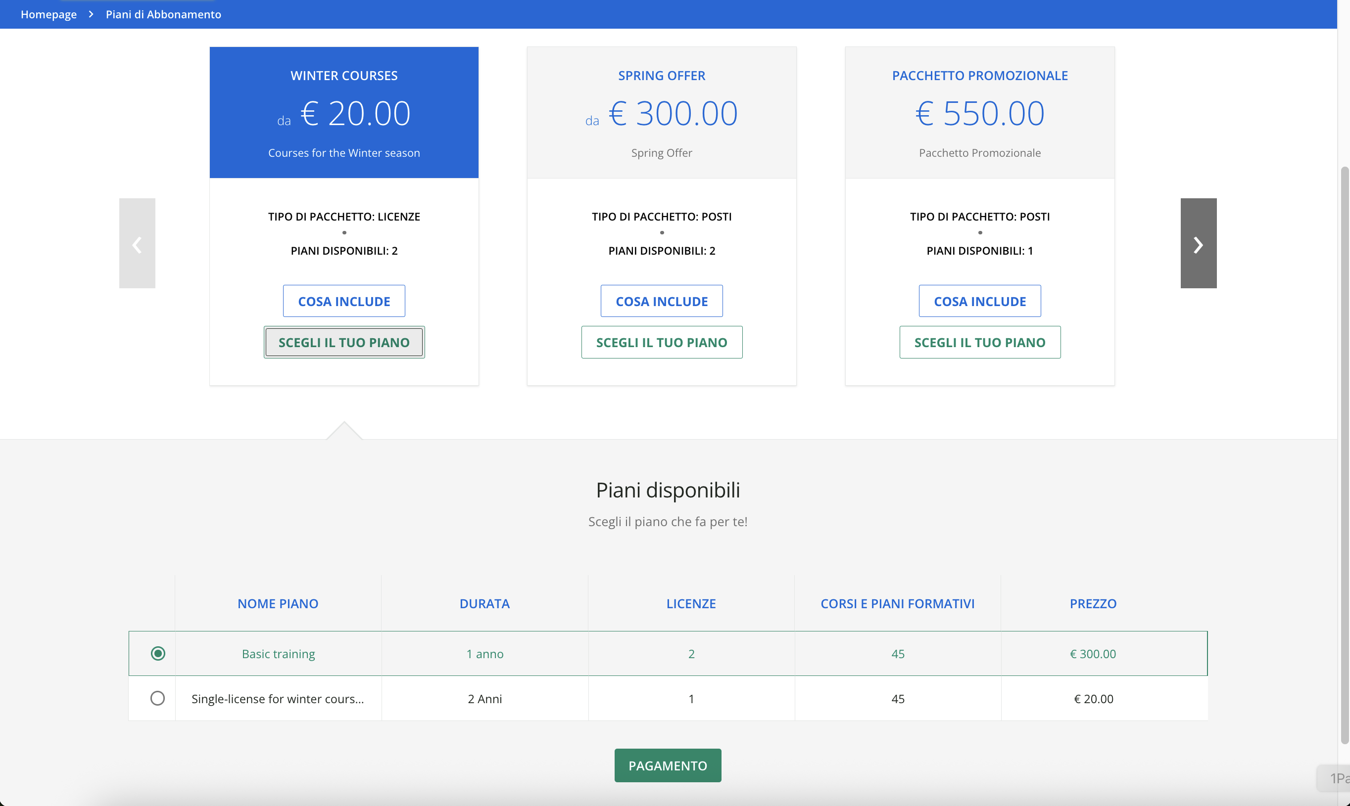 La pagina integrata dei Piani di abbonamento.