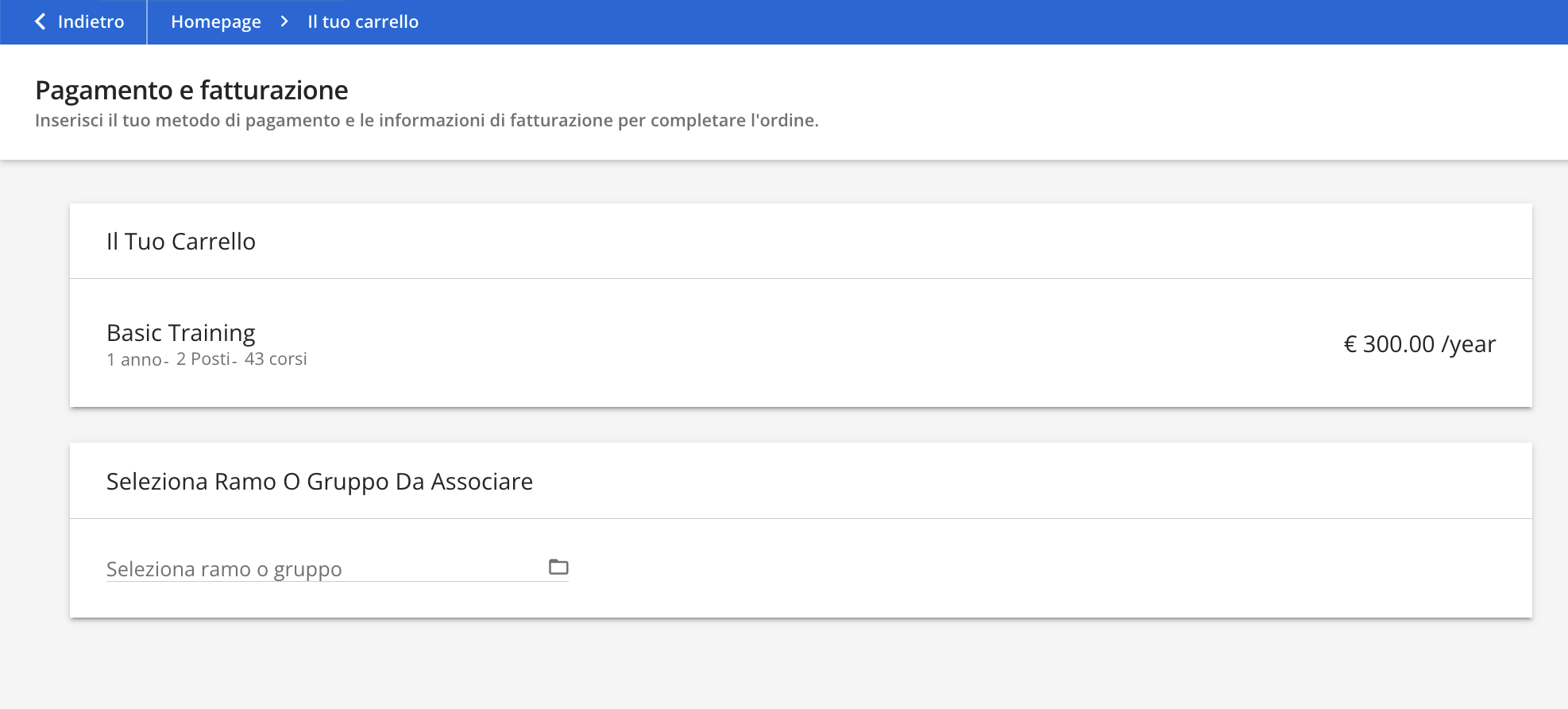 La pagina di pagamento e fatturazione.