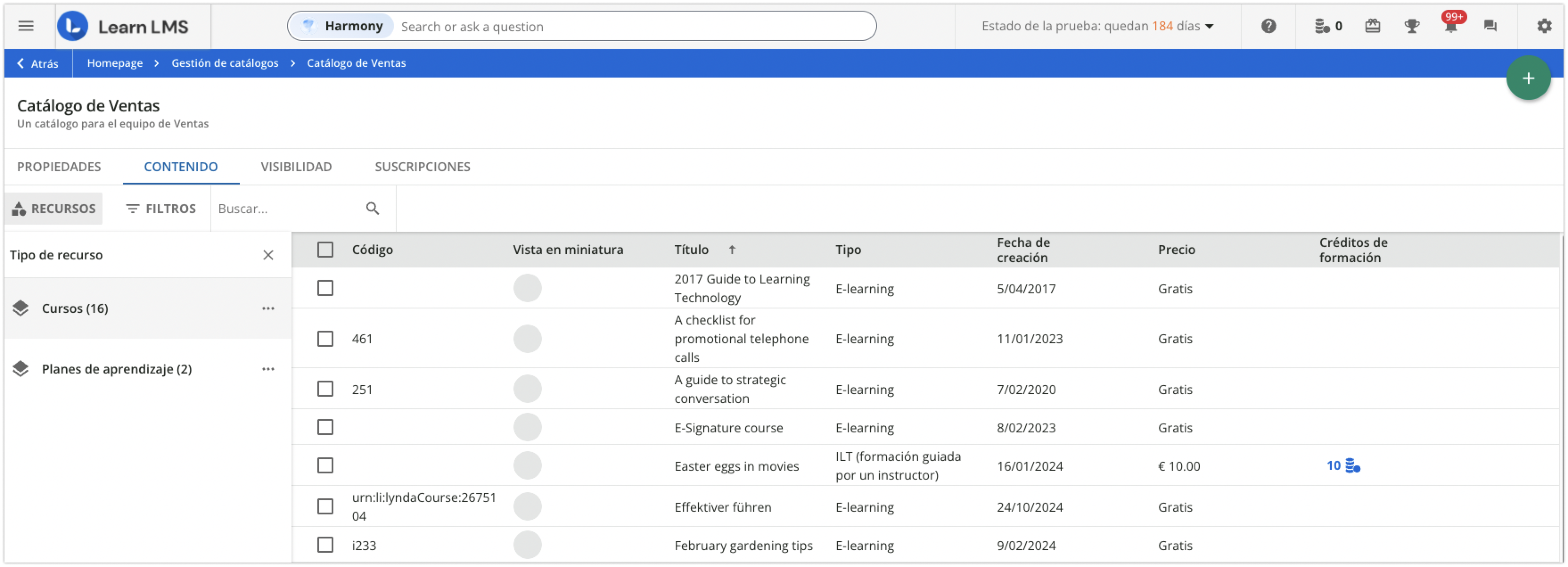 Pestaña Contenido de un catálogo