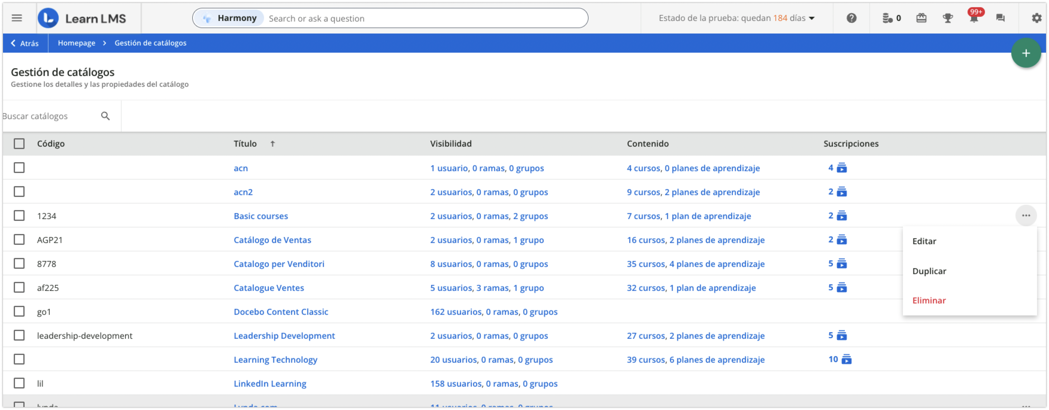 Página Gestión de catálogos