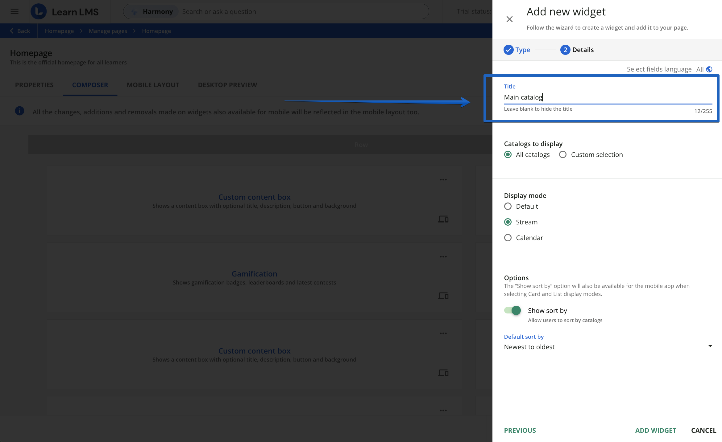 Area aimed at configuring the widget title in the Manage pages menu