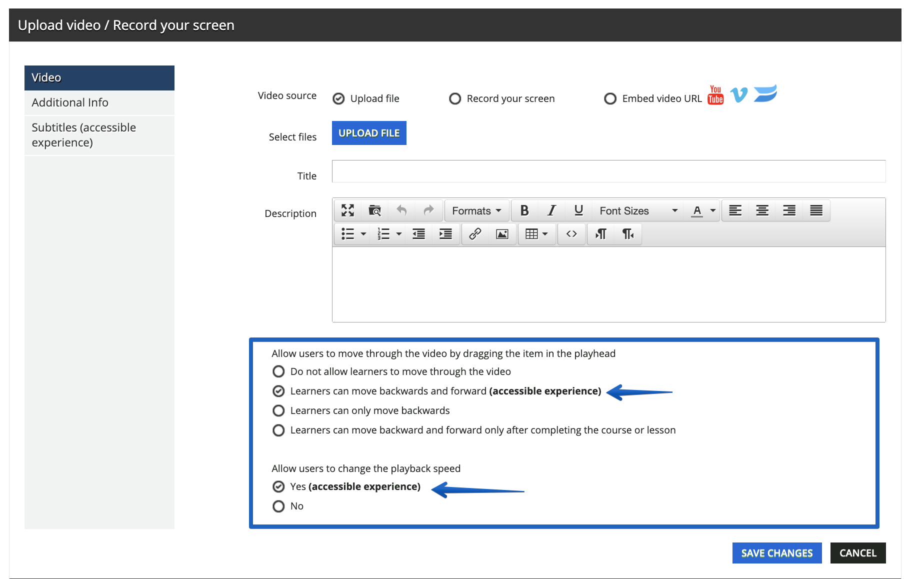 Accessibility configuration for video training materials in the Docebo platform