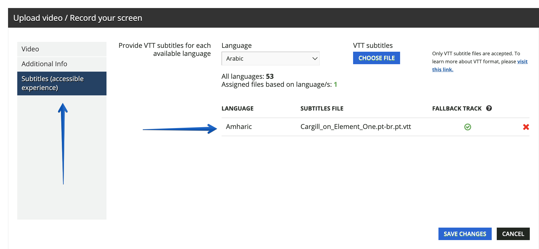 Configuring subtitles in the video settings