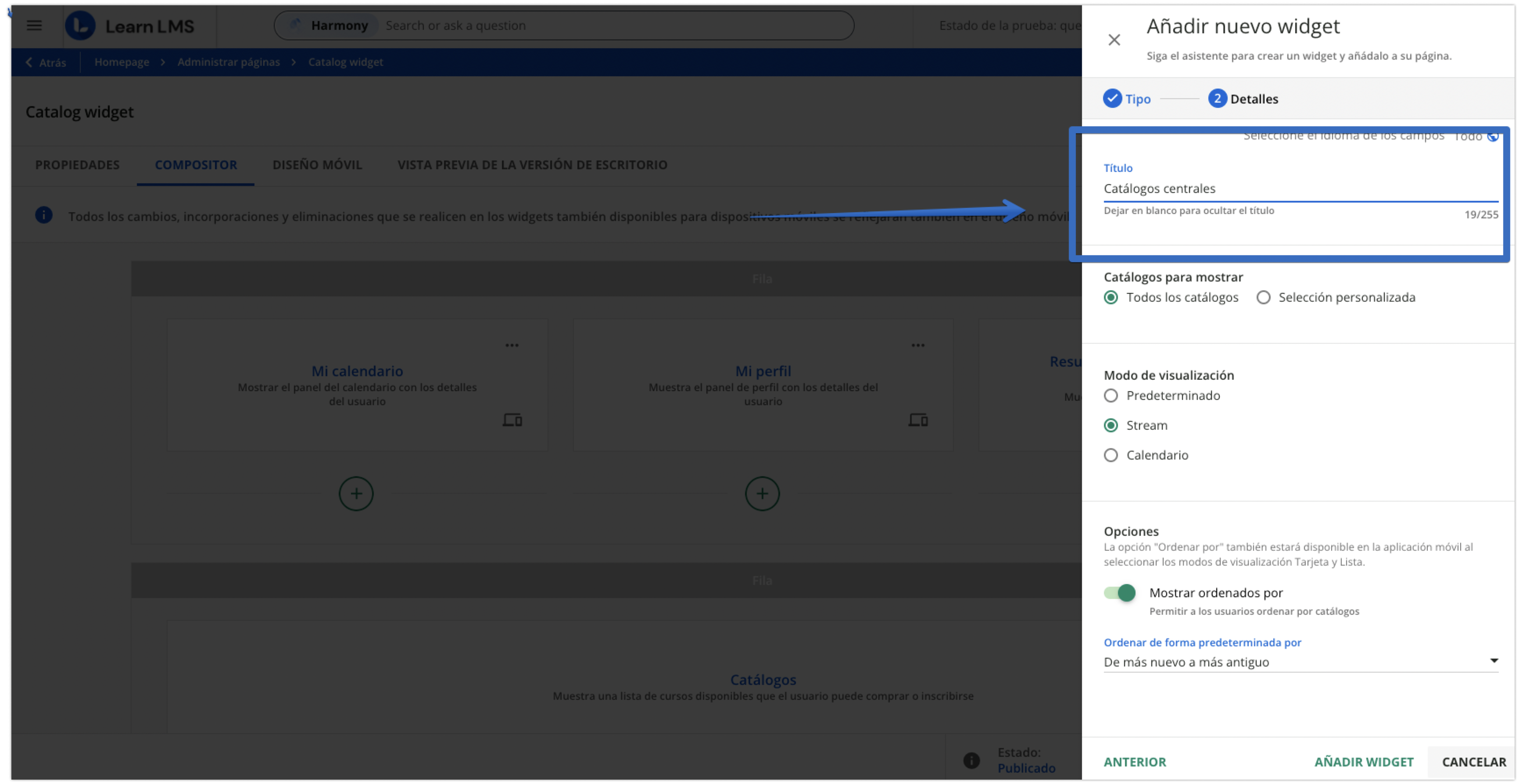 Vista de adición de nuevo widget en Administrar páginas