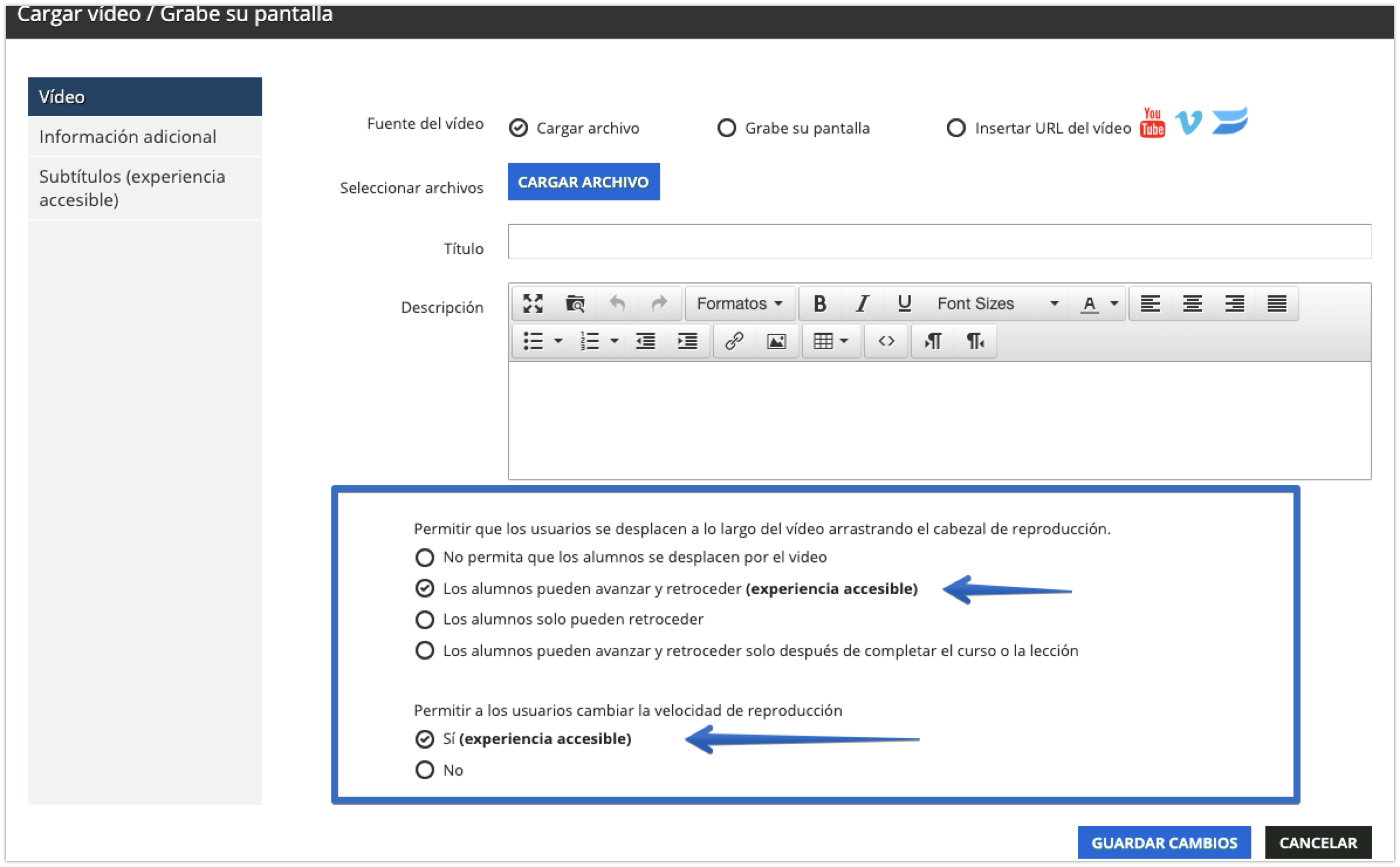 Vista del material de formación Cargar vídeo : Grabe su pantalla