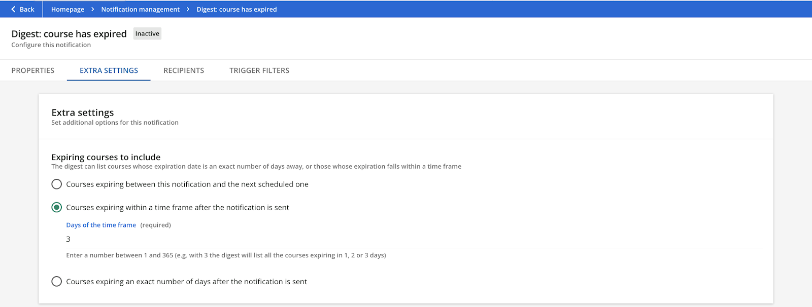 Options of the Extra settings tab.